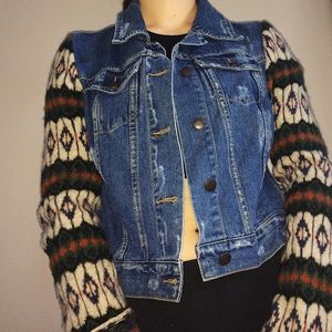Free People Distressed Knit Sleeves Denim Jacket